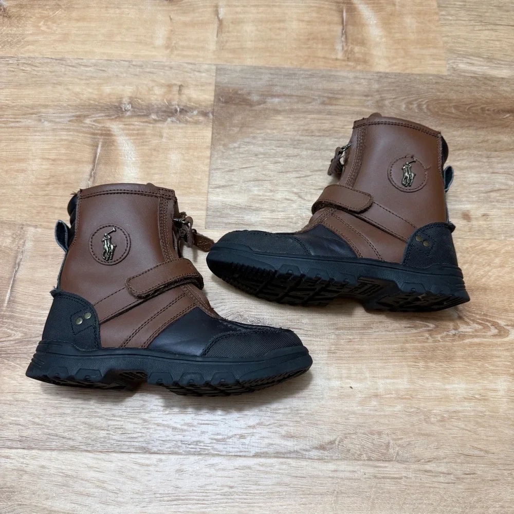 Polo Ralph Lauren Kids Conquered Hi Duck Boots Brown Black Leather USA 2 998825